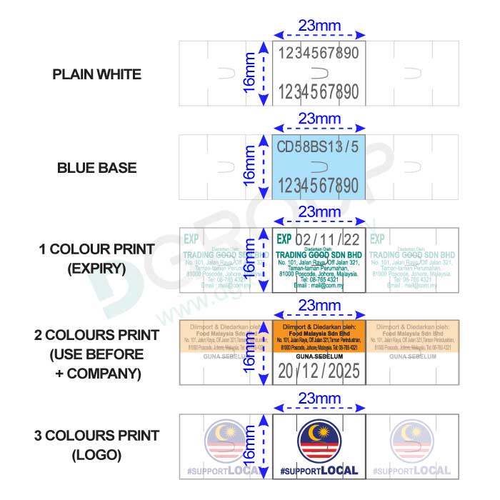 Motex 5500 One line label size, colour and printing sample guide.