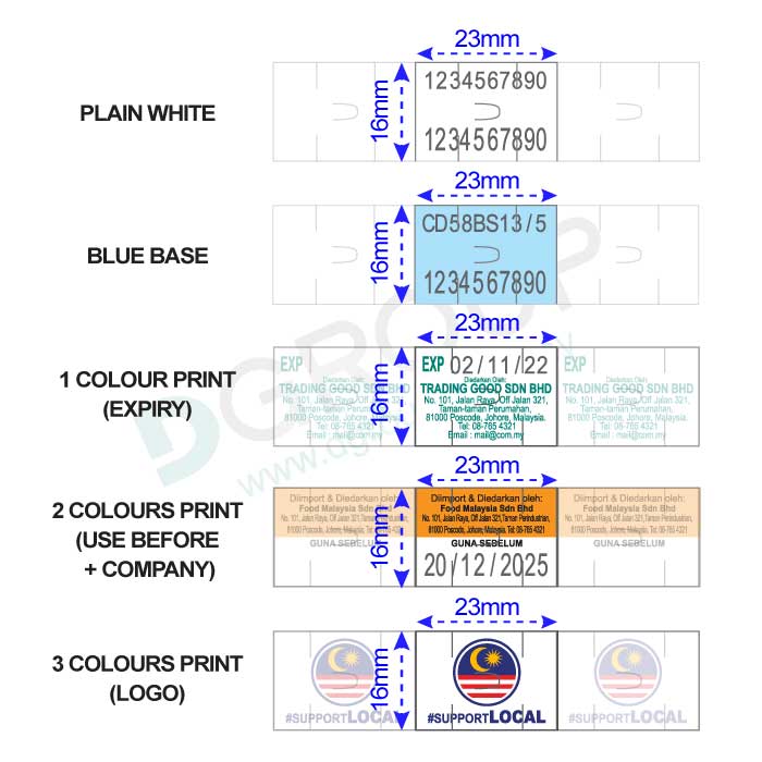 Motex 5500 One line label size, colour and printing sample guide.